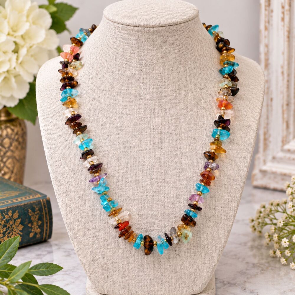 Vintage Multi Color Gemstone Chip Beaded Necklace Long Boho 32"